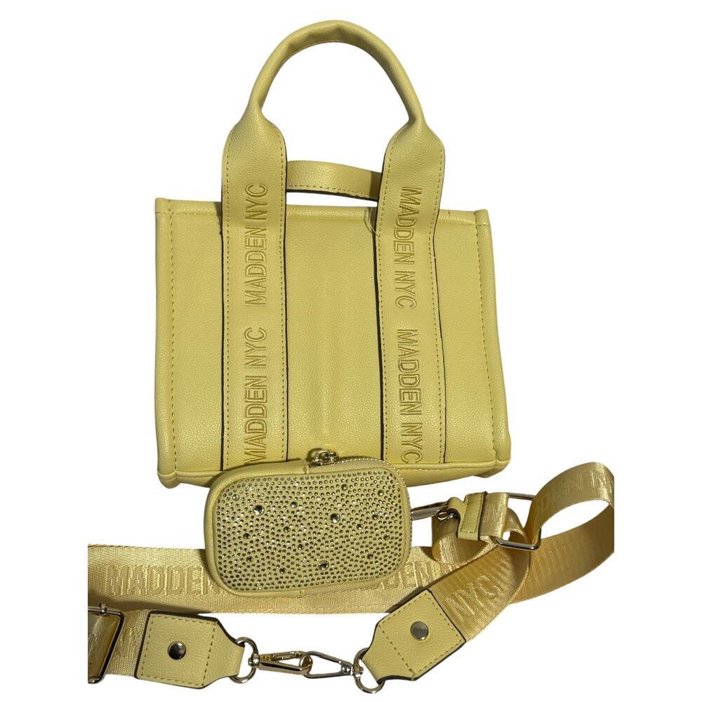 Madden NYC double handle tote, lemon drop vegan rhinestone studded crossbody
